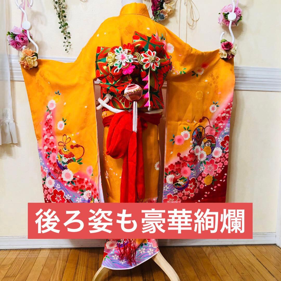 七五三七歳‼豪華黄色赤地可愛い❤️手毬桜金彩金箔煌びやか際立つ‼️完全フルセット絢爛