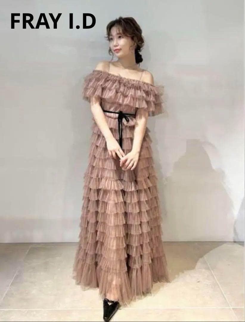 新品　FRAY I.D 2wayチュールフリルティアードドレス　ピンクベージュ