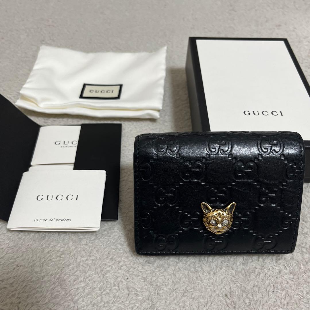 グッチ 財布 リネアキャット GG柄 シマ レザー 猫 黒 ミニ 二つ折り