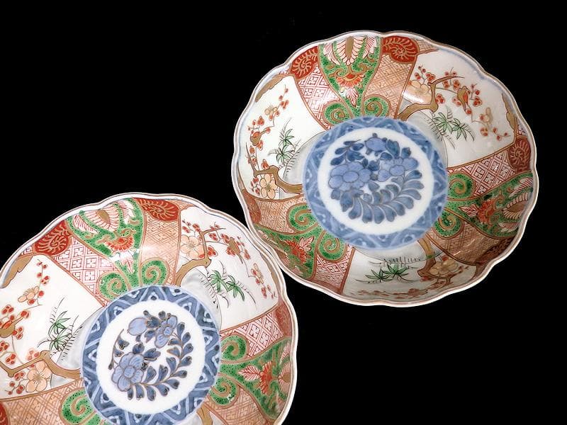 古伊万里　金襴手　牡丹に松竹梅の図　大振膾皿　３客　C784AS-CFz