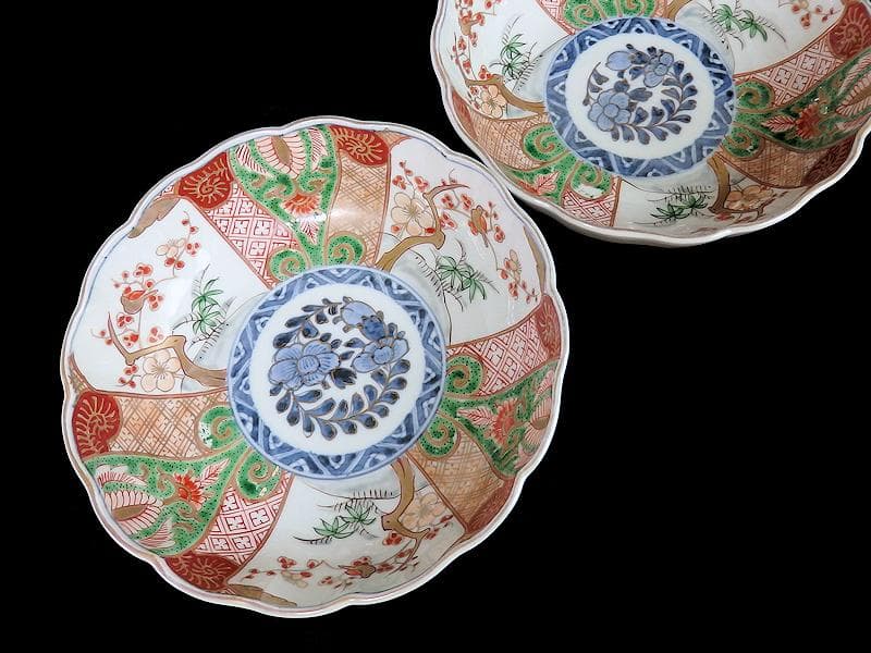 古伊万里　金襴手　牡丹に松竹梅の図　大振膾皿　３客　C784AS-CFz