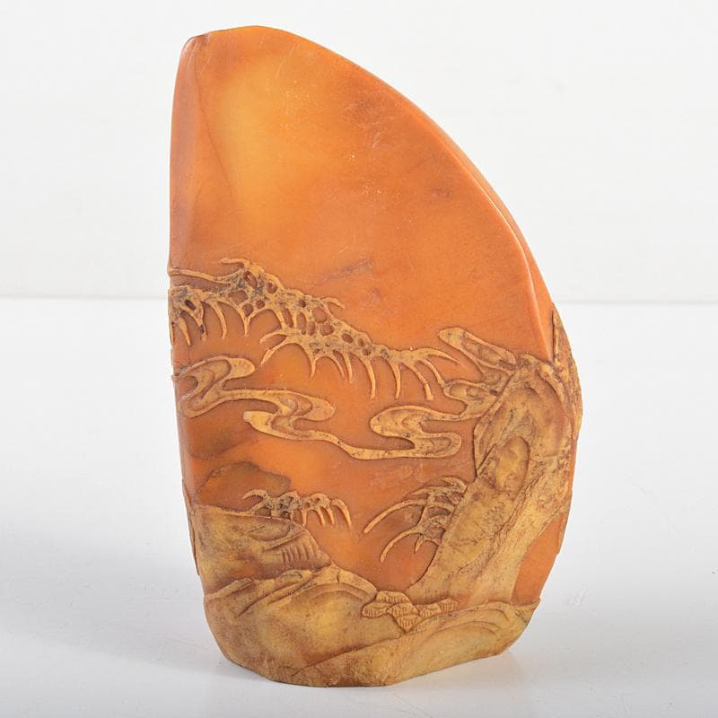 中国　玉石彫刻　山水鹿刻　置物　C　R5817