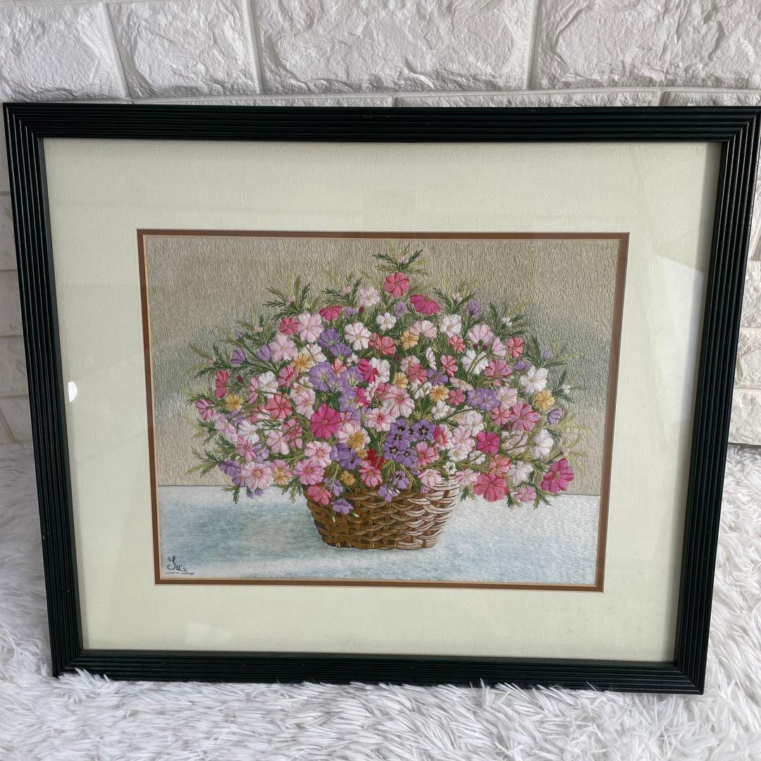 ベトナム刺繍絵、コスモス刺繍画、グエン.クオック.スゥ氏作、額入り