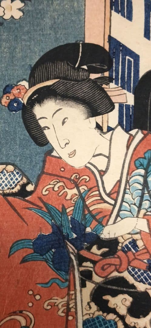 浮世絵版画、見立源氏琴碁書画之内遠音のあはせもの三枚綴り、三代豊国画元治元年出版