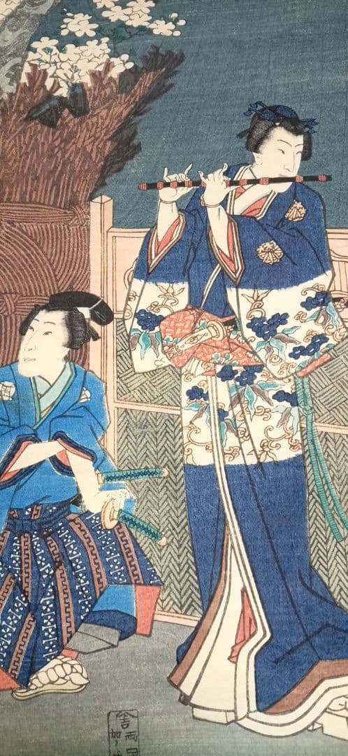 浮世絵版画、見立源氏琴碁書画之内遠音のあはせもの三枚綴り、三代豊国画元治元年出版