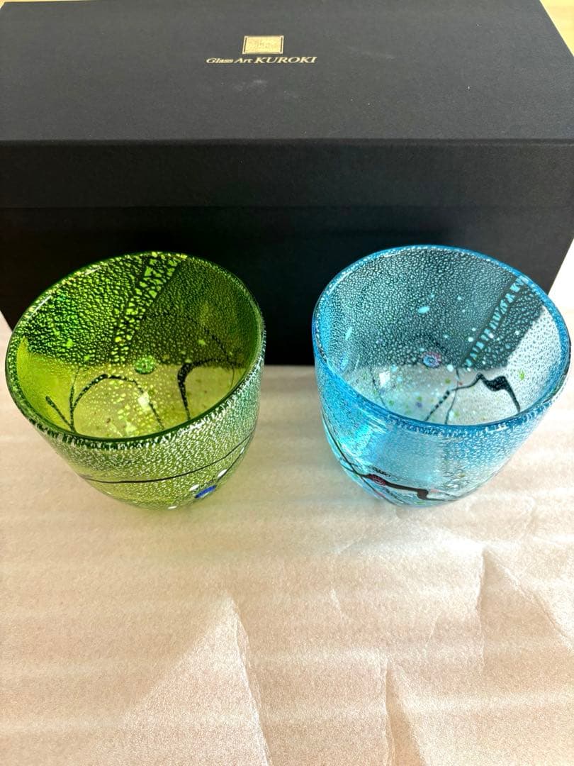 ガラスペアロックグラス★セット価格★若草色、水色★新品未使用、送料無料★