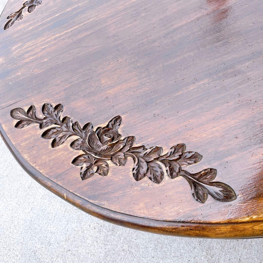 【美品送料込】アンティーク家具 手彫り彫刻 円形テーブル 猫脚