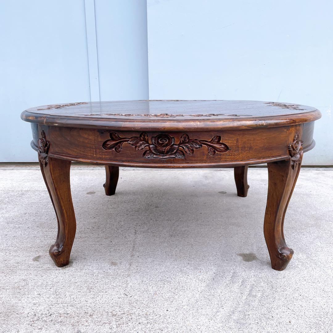 【美品送料込】アンティーク家具 手彫り彫刻 円形テーブル 猫脚