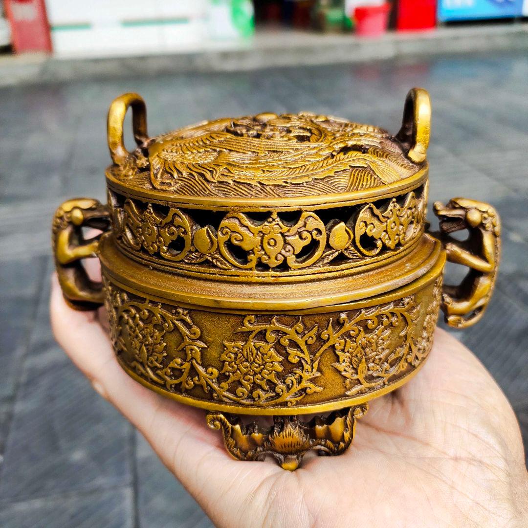 銅器 香炉 龍鳳薫香炉 盤香炉 茶道香炉 装飾品 工芸品 置物