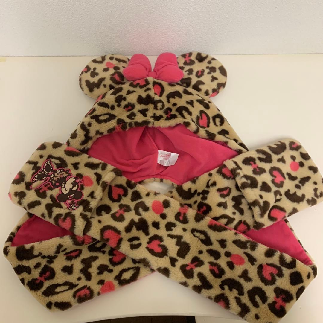 ディズニー　ミニー　ヒョウ柄　マフラーキャップ