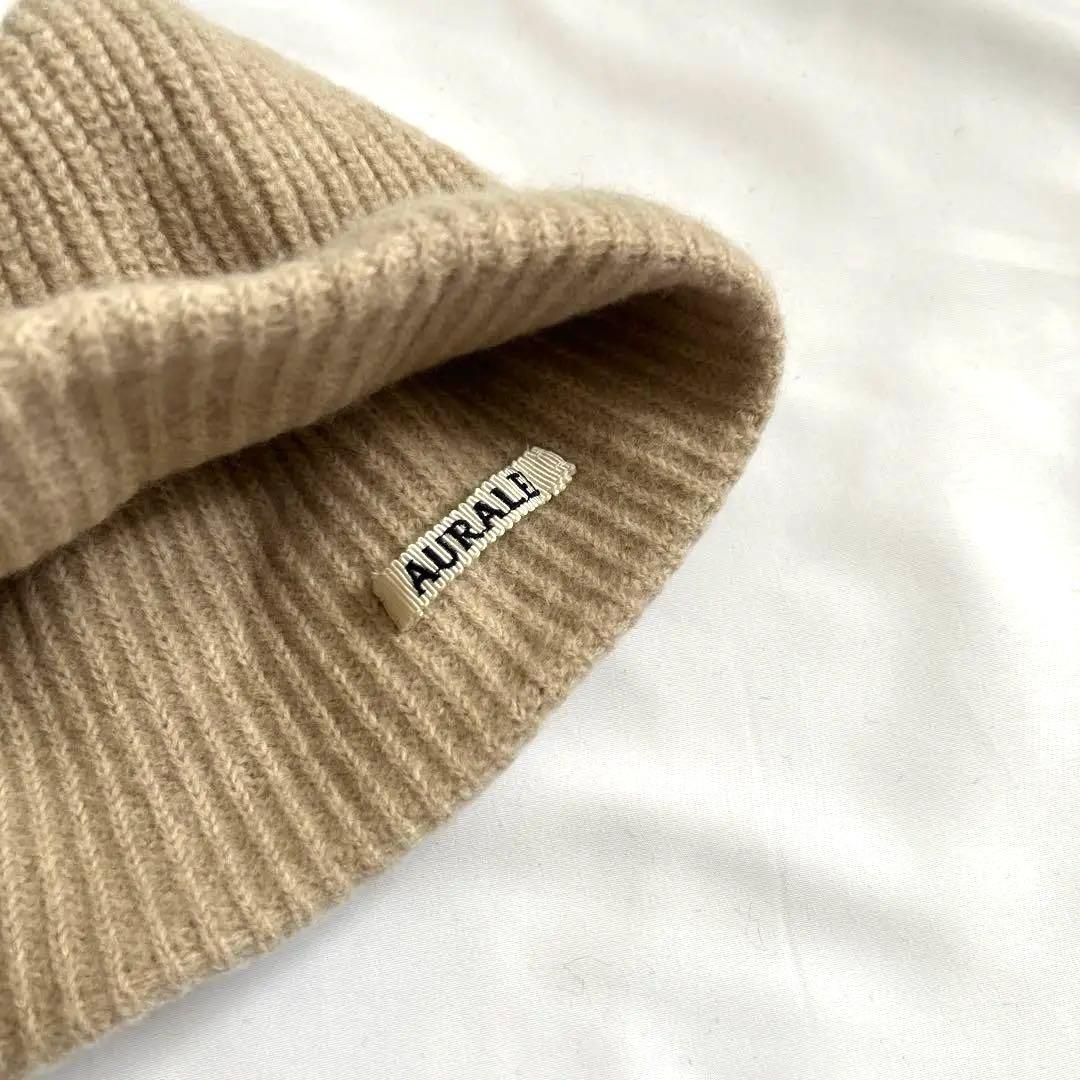 AURALEE ベージュ カシミヤリブ編みビーニー
