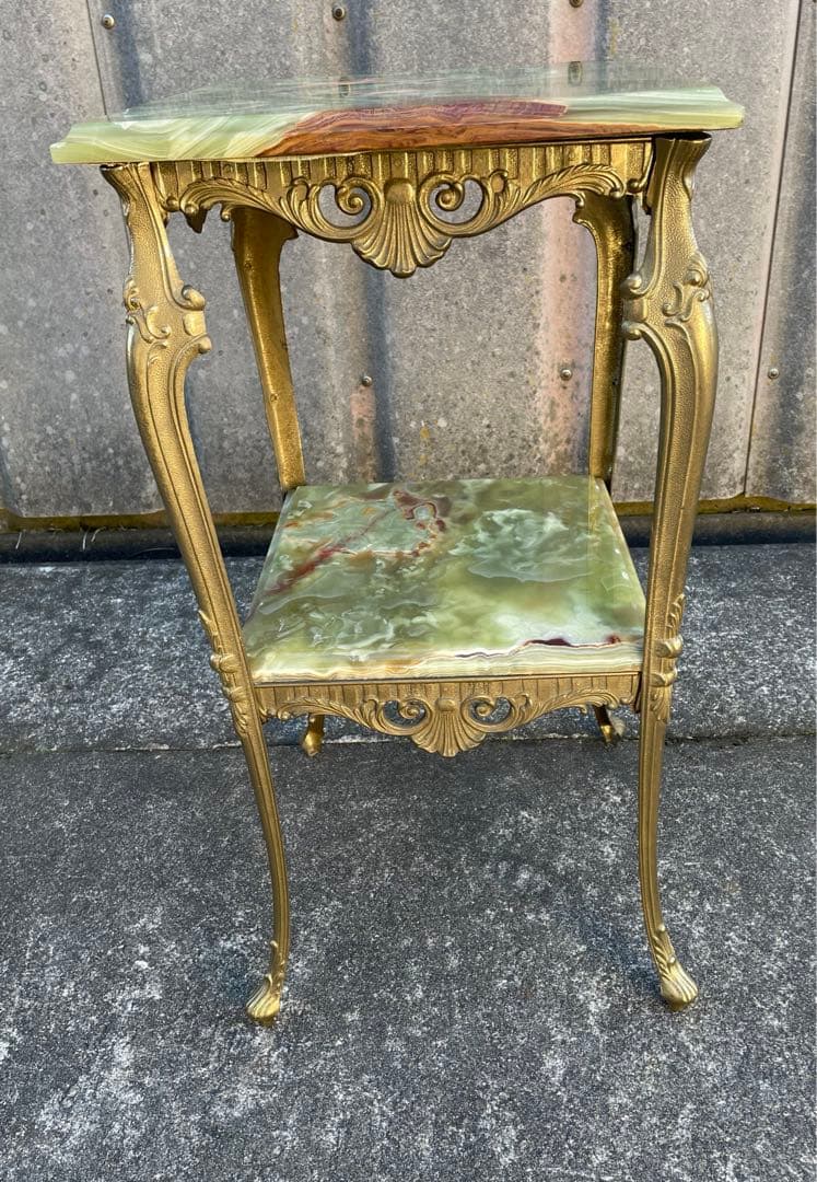 イタリア製/飾り棚/花台/大理石/グリーンオニキス/ロココ調/猫脚/2段