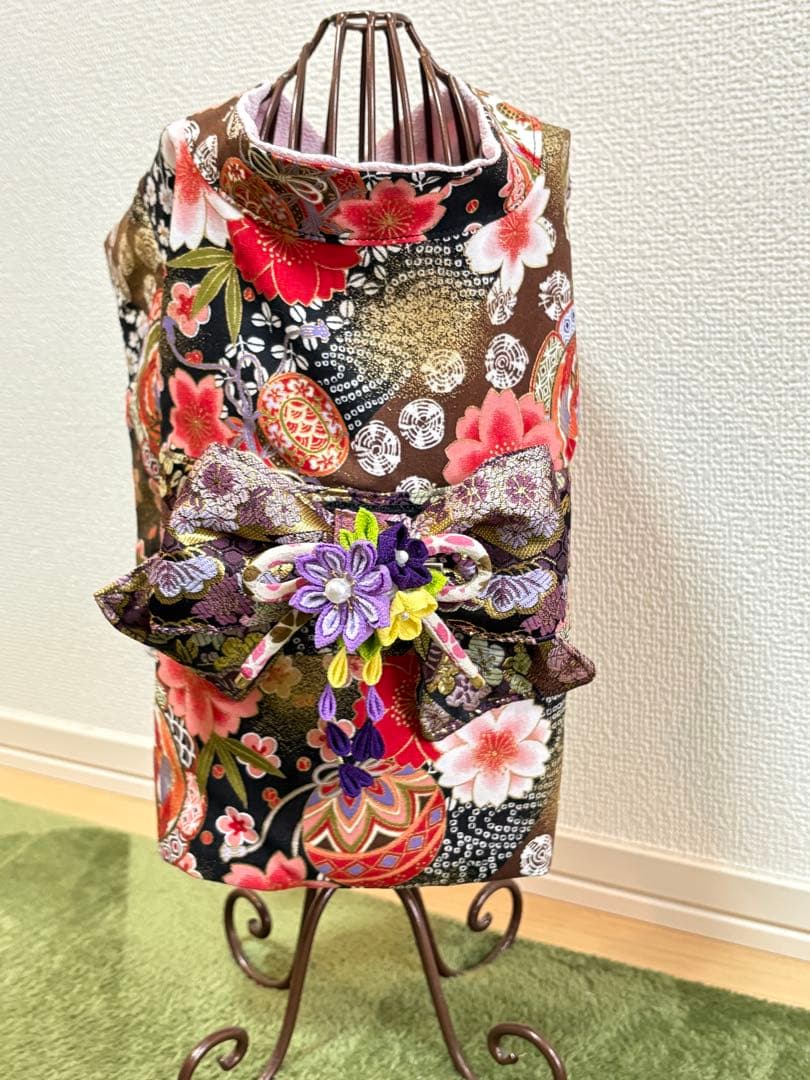 ★新作★完成品☆犬服☆つまみ細工帯飾り付き 犬用着物Sサイズ 女の子和柄ブラック