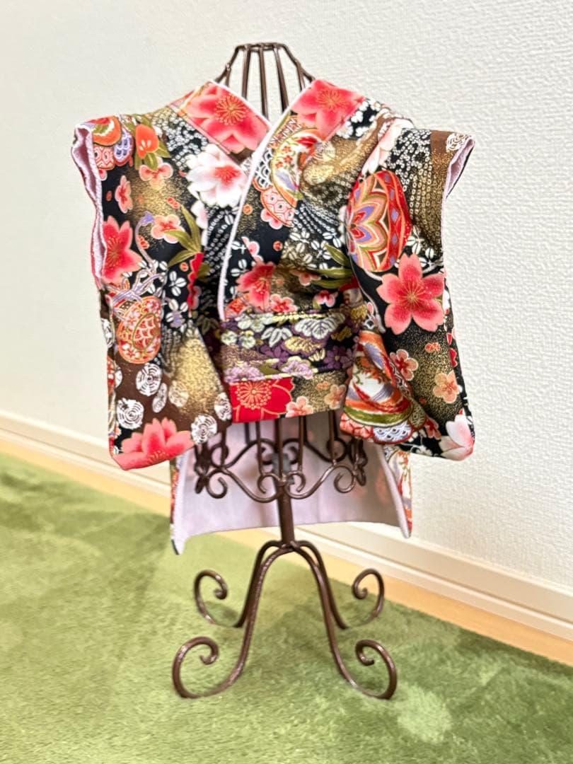 ★新作★完成品☆犬服☆つまみ細工帯飾り付き 犬用着物Sサイズ 女の子和柄ブラック