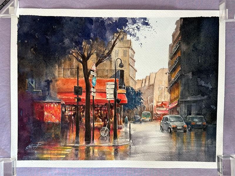 水彩アート「雨のパリ　Ⅰ」1点物、真筆