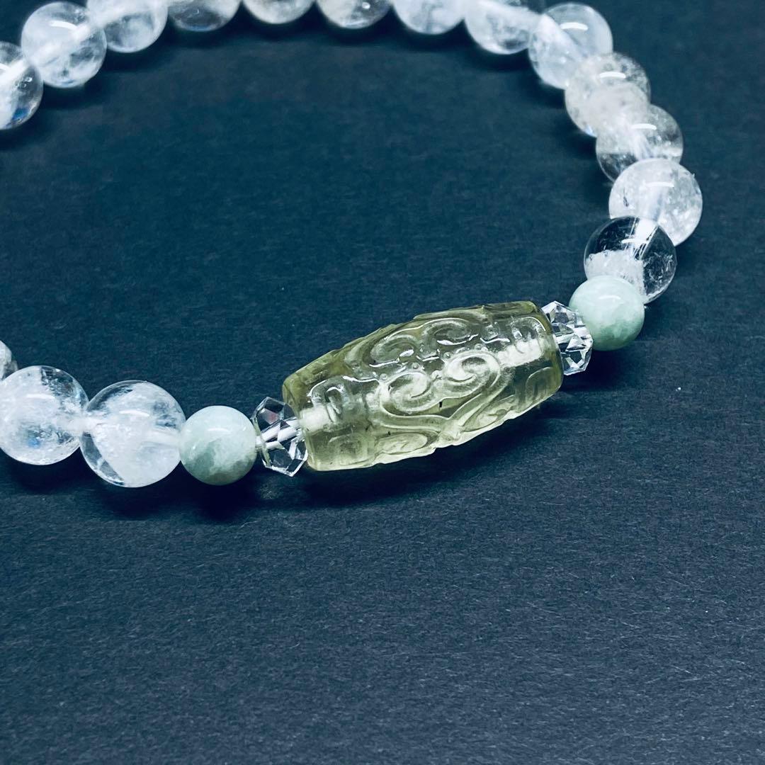 ◆貴少◆リビアングラスの回紋天珠◆ヒマラヤ水晶と糸魚川翡翠ブレス◆