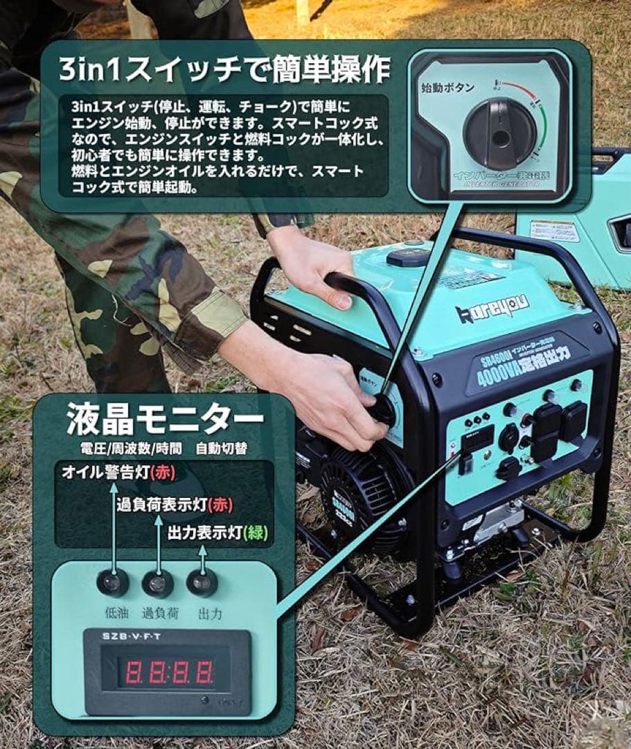 発電機インバーター オープン型 定格出力4.0kVA ガソリン発電機