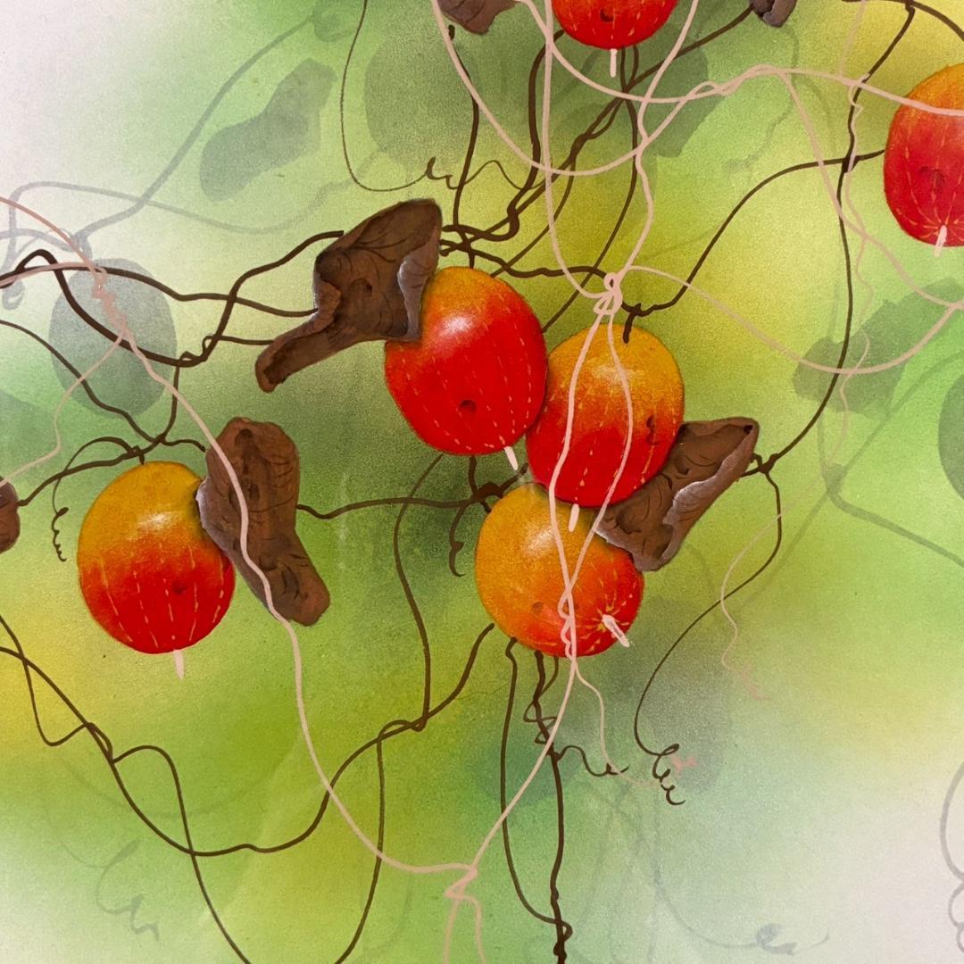 美品 佐々木経二「烏瓜」日本画 肉筆画 共シール有 署名・落款有り 額縁入り