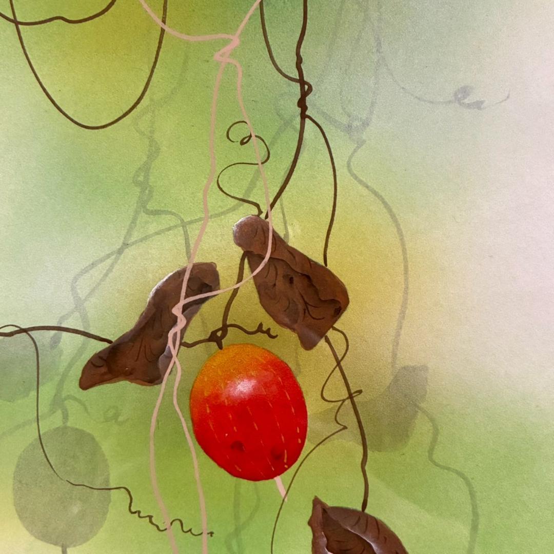 美品 佐々木経二「烏瓜」日本画 肉筆画 共シール有 署名・落款有り 額縁入り