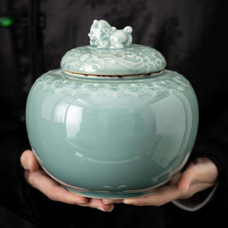 中国美術 茶筒 茶器 茶入れ 青磁 茶道具