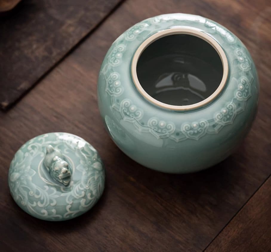 中国美術 茶筒 茶器 茶入れ 青磁 茶道具