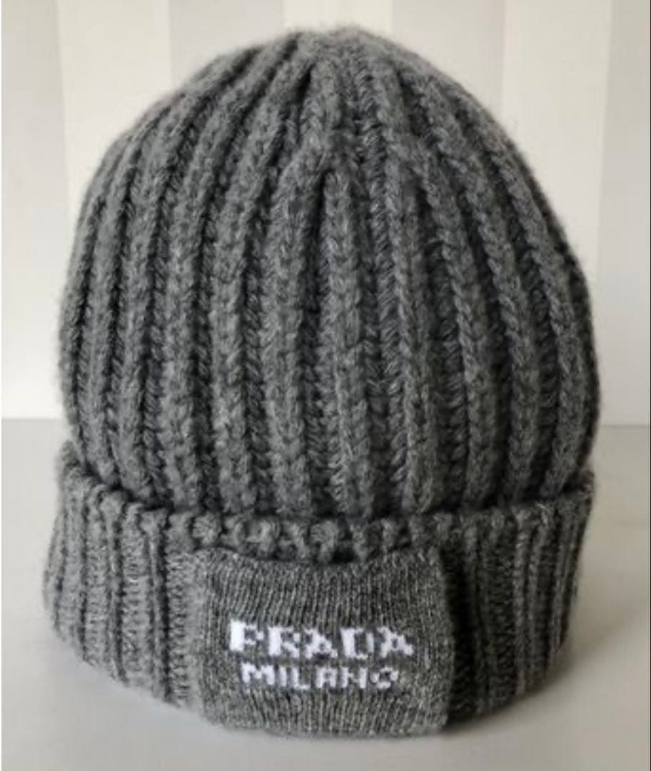【PRADA/プラダ】 リブ編カシミア混二 ット帽（グレー）新品未使用