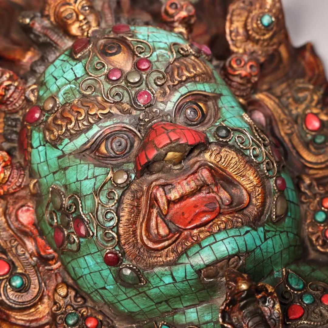 中国古美術『西蔵寺院旧蔵 マハーカーラ面具』純銅製 鍍金彩絵 高浮彫鏨刻 極細工