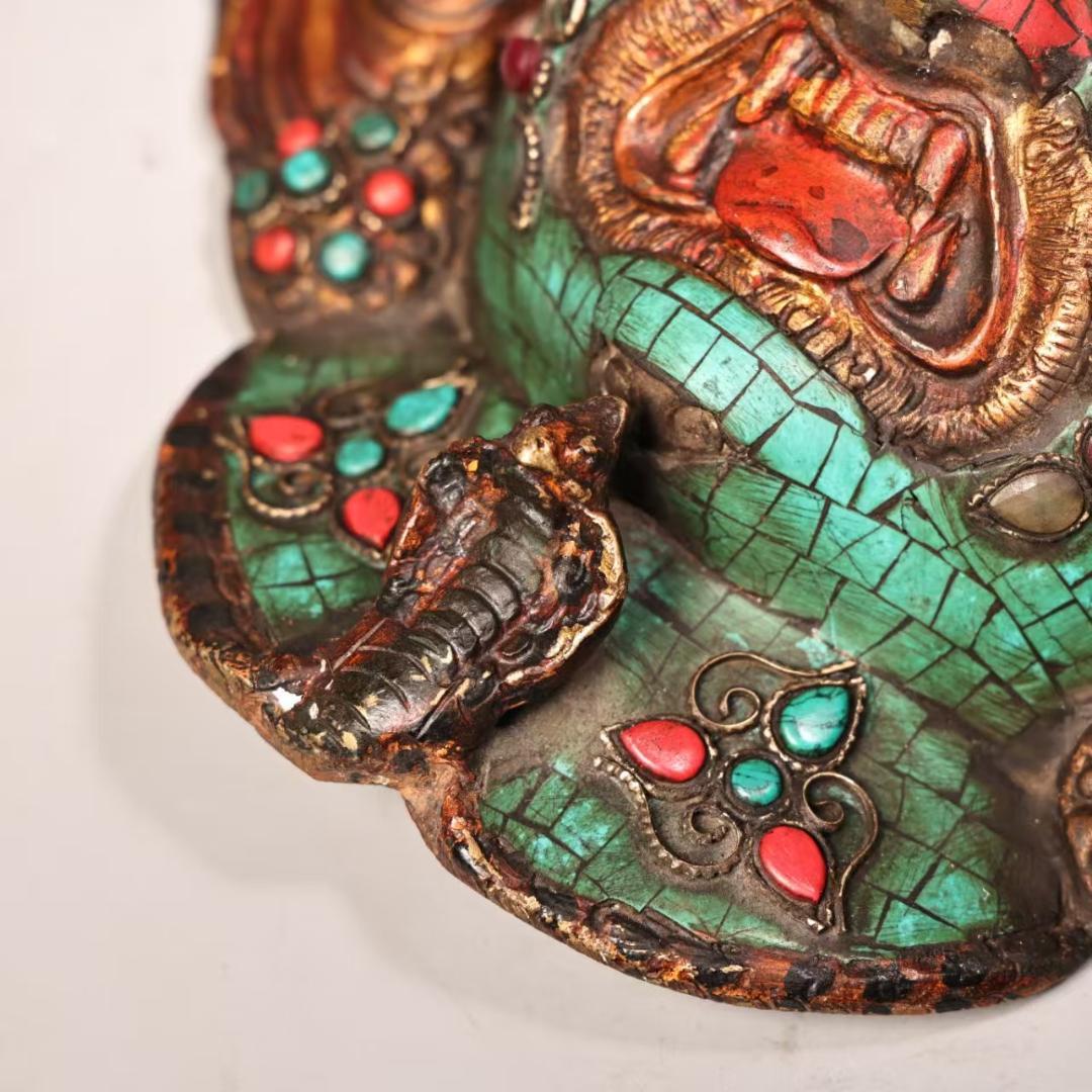 中国古美術『西蔵寺院旧蔵 マハーカーラ面具』純銅製 鍍金彩絵 高浮彫鏨刻 極細工