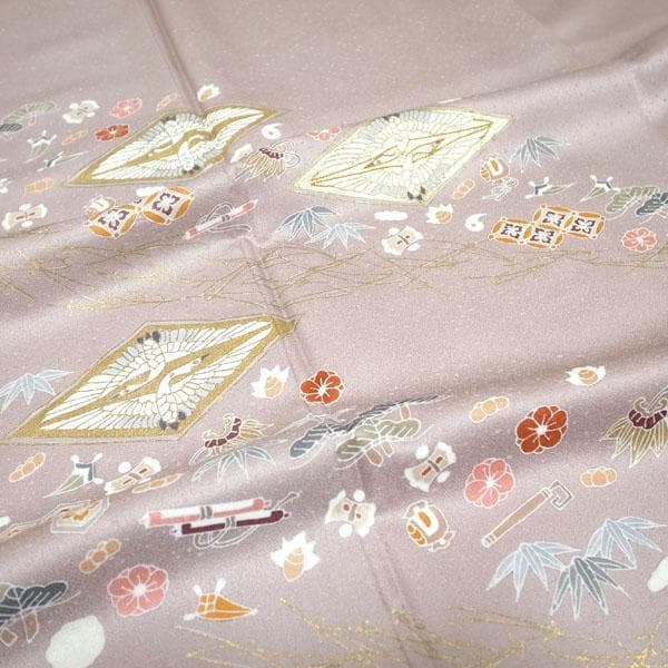 訪問着 着物 手描き友禅 金彩加工 金駒刺繍 裄66.5 Ｍ 中古 sn1890