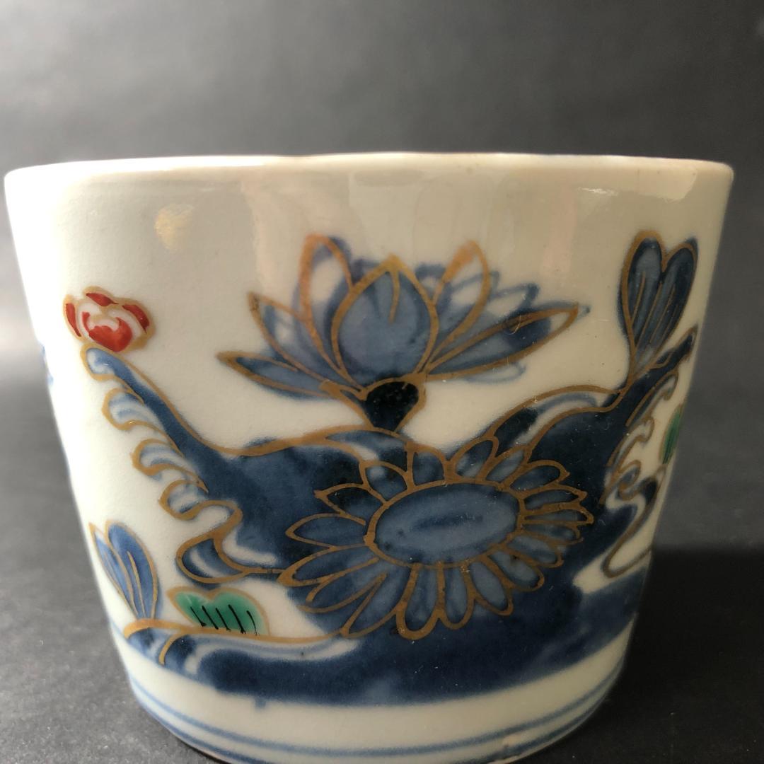 古伊万里　大振り蕎麦猪口　猪口　染錦花文様　古伊万里　時代物　骨董