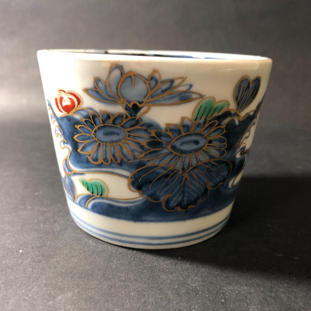 古伊万里　大振り蕎麦猪口　猪口　染錦花文様　古伊万里　時代物　骨董