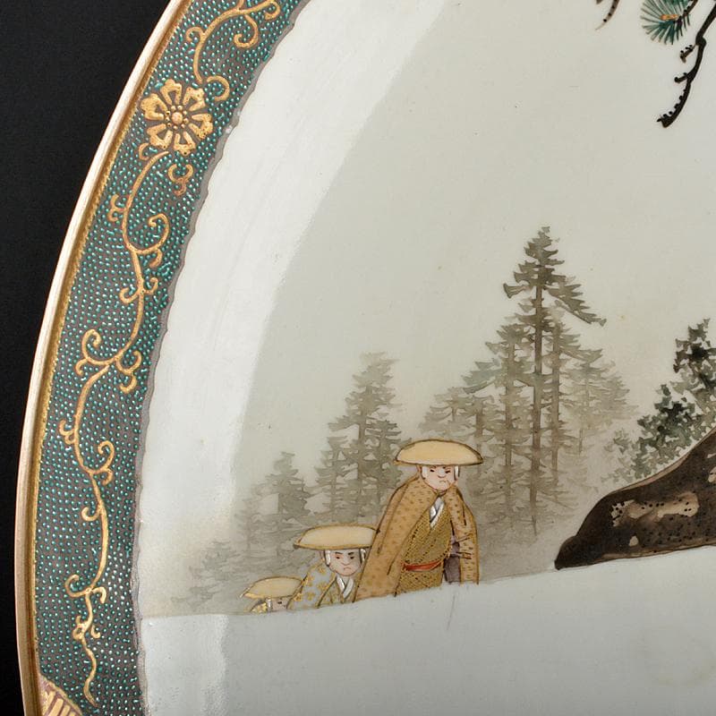 九谷焼　古九谷　青粒色絵金彩　山水人物文　大皿　直径約40cm　M　R6148B