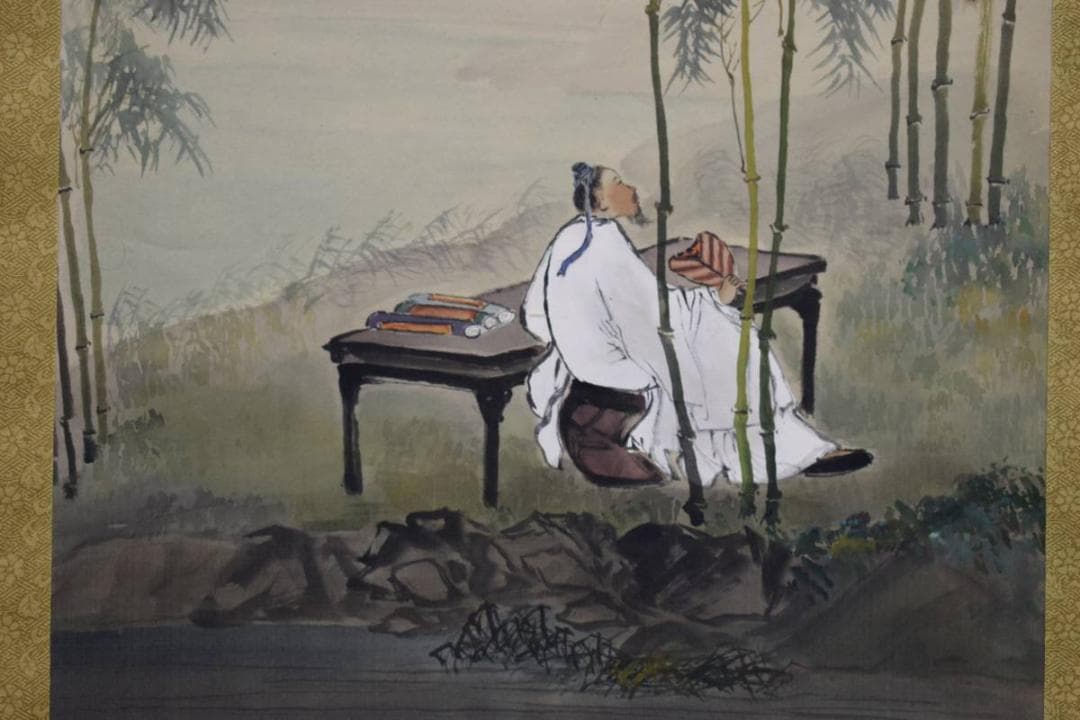 真作/秀峰/竹林高士之図/桐共箱付/布袋屋掛軸HE-70