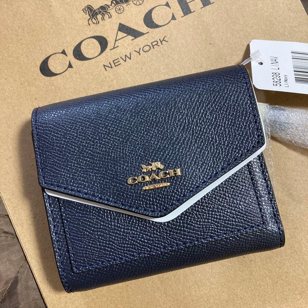 COACH ネイビー 三つ折り財布　正規品　コーチ　折財布　本革　男性にも！