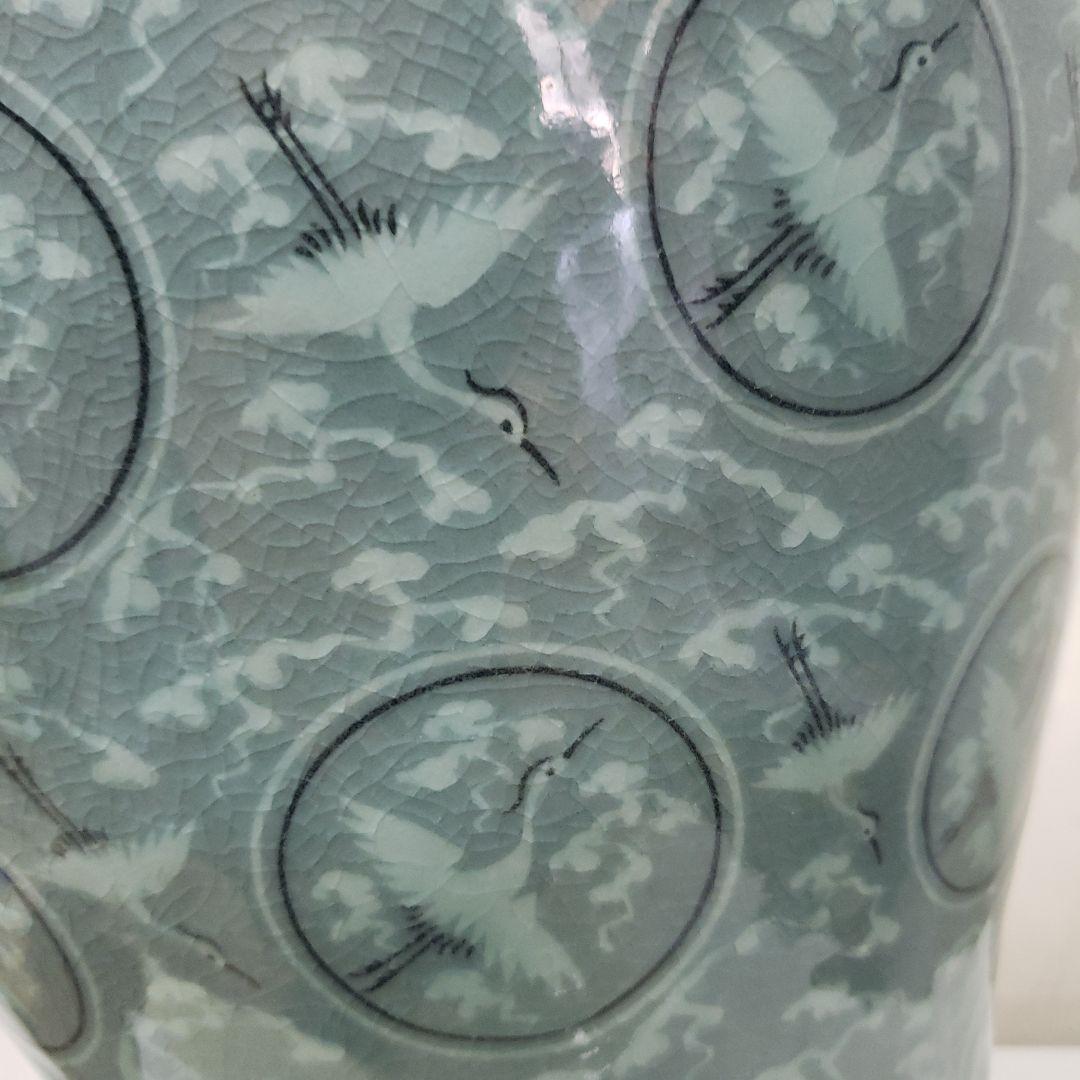 Ｂフライデー蔵出し特価　青磁 鶴模様 陶器 花瓶　作家物海剛作桐箱あり48cm