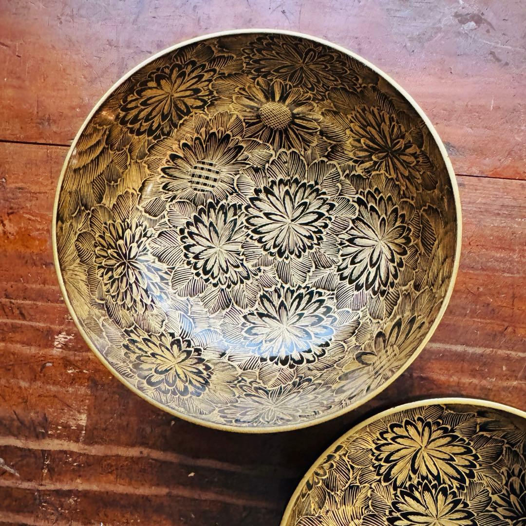 骨董品　沈金　黒漆塗り椀　蝶菊文様1客　正月　吸物椀二客セット