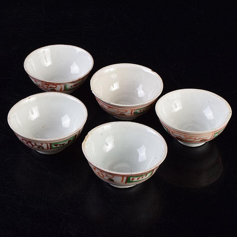 中国　古渡　赤絵呉須　花草文　煎茶碗　五客　時代箱　V　R9530