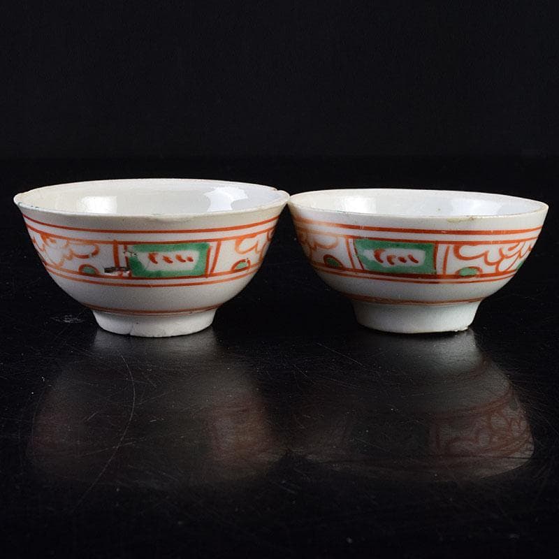 中国　古渡　赤絵呉須　花草文　煎茶碗　五客　時代箱　V　R9530