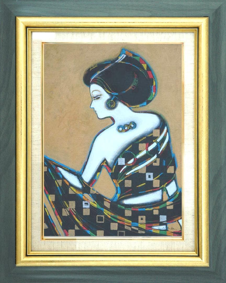 油絵 菅家令子 絵 絵画インテリア額付(青緑＋金色の枠)uF6-010311女性