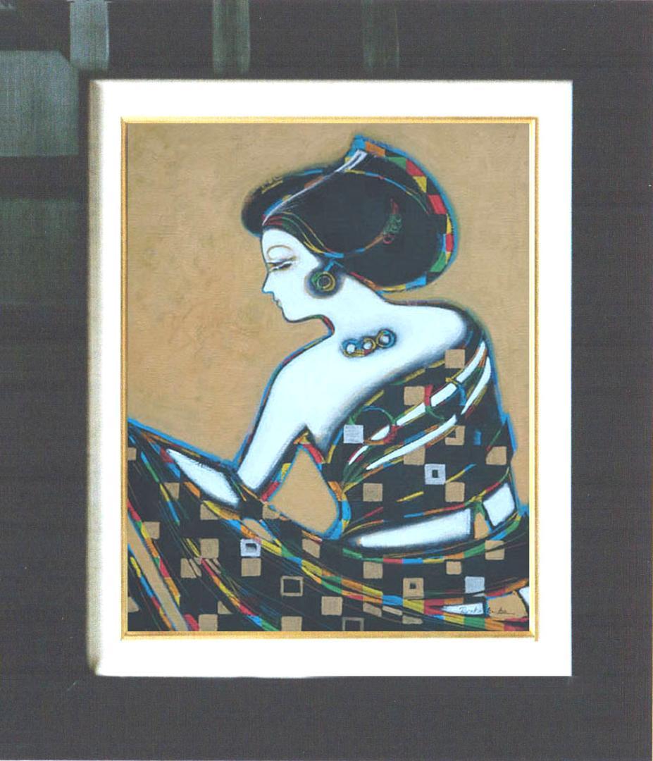 油絵 菅家令子 絵 絵画インテリア額付(青緑＋金色の枠)uF6-010311女性