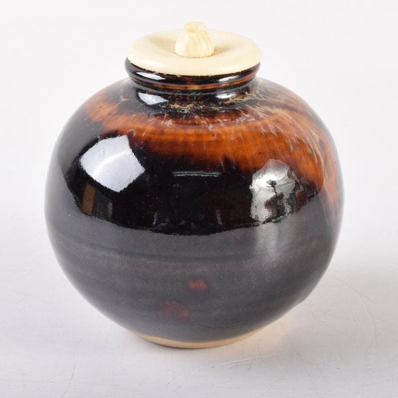 茶道具　京焼　清水焼　桶谷定一作　文琳茶入　仕覆付　共箱　V　6993