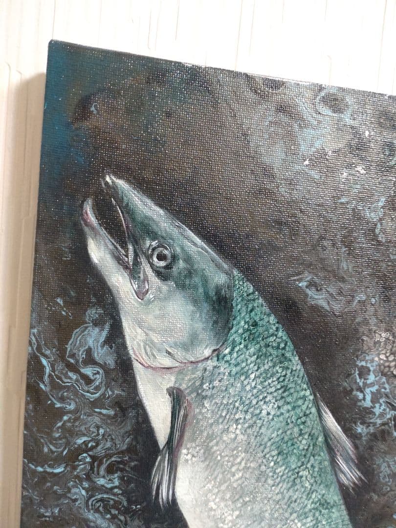 鮭の油絵【鮭の夢】作者サイン入り/真作/F4号キャンバス
