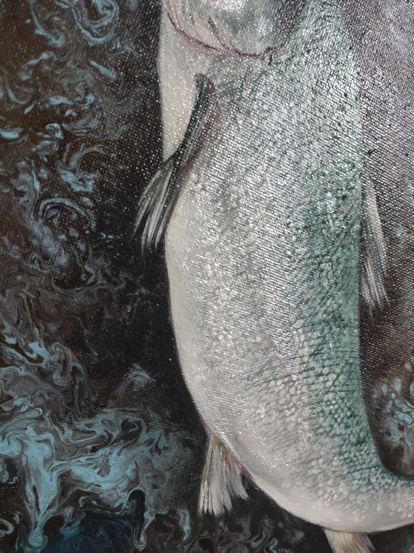 鮭の油絵【鮭の夢】作者サイン入り/真作/F4号キャンバス