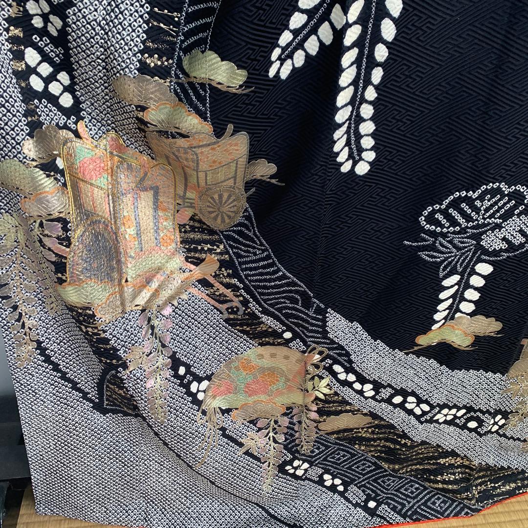D14 正絹 振袖 絞り 御所車 扇 ブラック系 着物