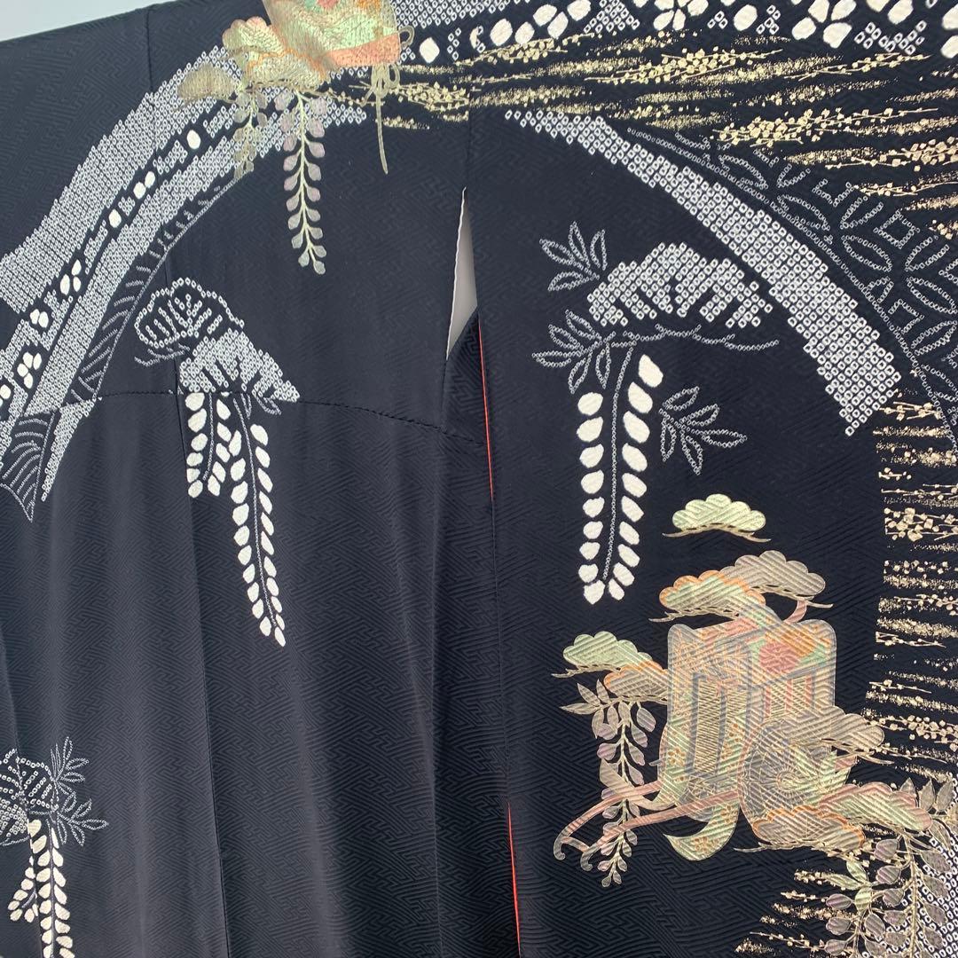 D14 正絹 振袖 絞り 御所車 扇 ブラック系 着物