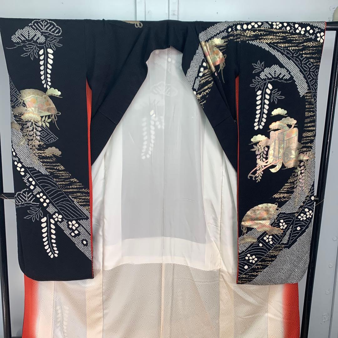 D14 正絹 振袖 絞り 御所車 扇 ブラック系 着物