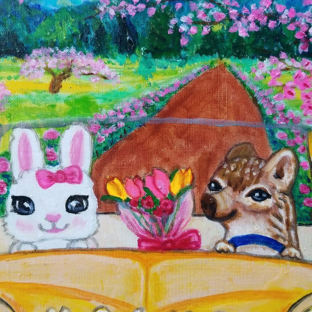 油絵　星野莉莉　ボルボに乗るうり坊とうさぎさんのカップル　バラとさくら