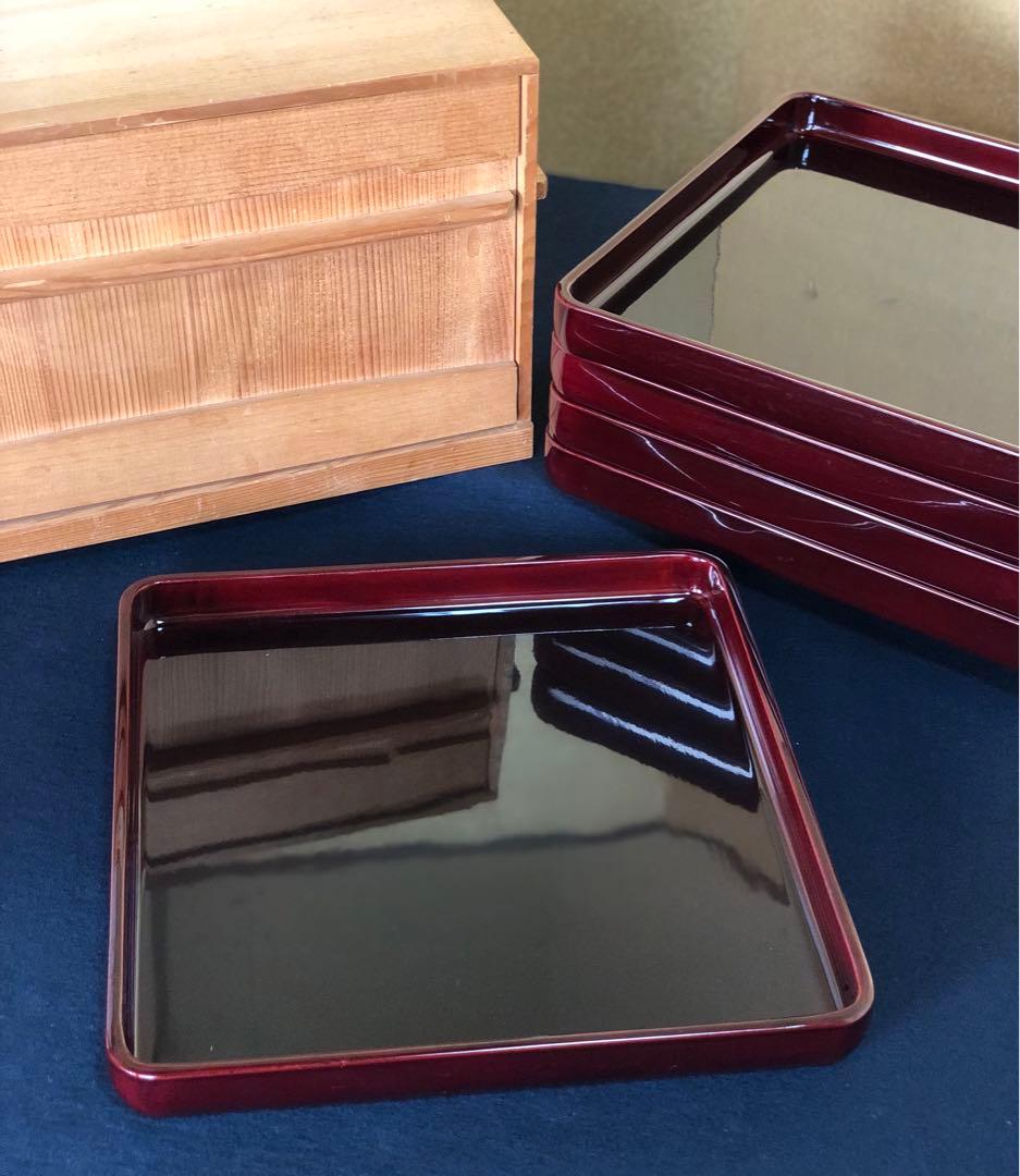 《R》春慶塗 四方膳5客 会席膳 銘々膳 隅丸 木製漆器 木箱　251216お5