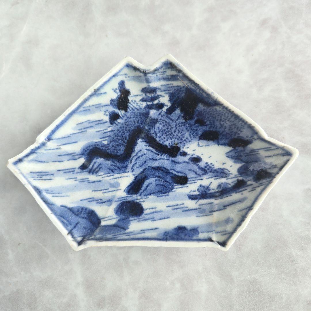 古伊万里　染付小皿　型紙摺印判　山水文　上手型物　骨董品　アンティーク　金継ぎ