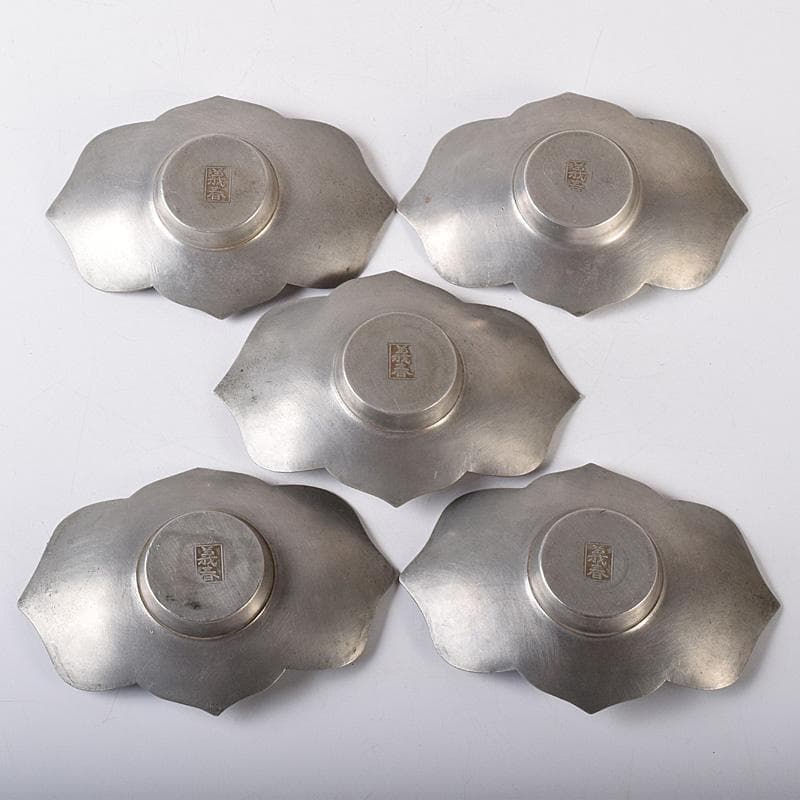 eee 様義春銘　漢詩霊芝刻　木瓜式　茶托　五客　合計約364g　U　R8263